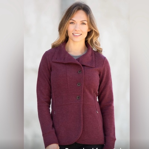 Ibex Reese Cardigan Sweater fitted Jacket Blazer bucle Merino Wool wine Womens M - Picture 11 of 13